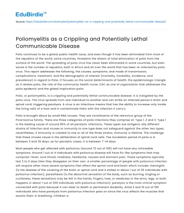 Poliomyelitis as a Crippling and Potentially Lethal Communicable Disease