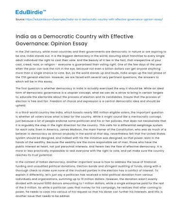 India as a Democratic Country with Effective Governance: Opinion Essay