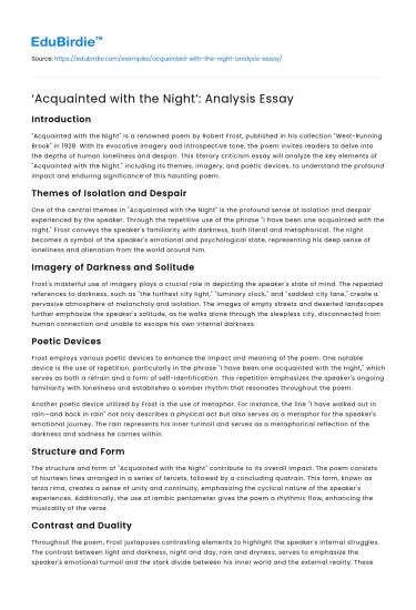 ‘Acquainted with the Night’: Analysis Essay