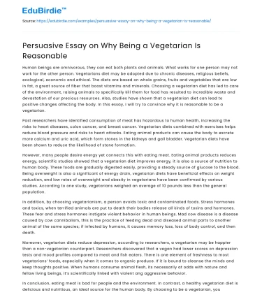 Persuasive Essay on Why Being a Vegetarian Is Reasonable